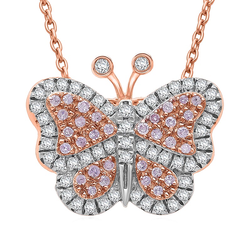  Natural Pink and White Diamond 0.35 ctw Butterfly Pendant Necklace in Vermeil Rose Gold Over Sterling Silver 20 Inches