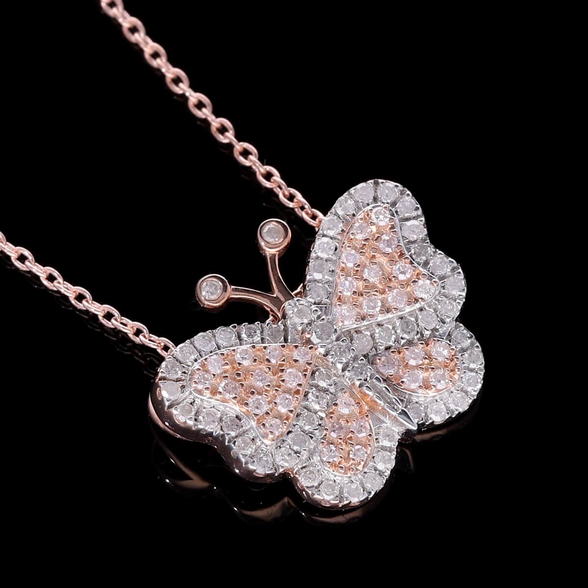 Natural Pink and White Diamond 0.35 ctw Butterfly Pendant Necklace in Vermeil Rose Gold Over Sterling Silver 20 Inches image number 1