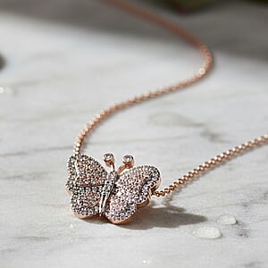 Doorbuster Natural Pink and White Diamond 0.35 ctw Butterfly Pendant Necklace in Vermeil Rose Gold Over Sterling Silver 20 Inches