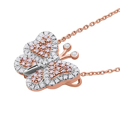  Natural Pink and White Diamond 0.35 ctw Butterfly Pendant Necklace in Vermeil Rose Gold Over Sterling Silver 20 Inches
