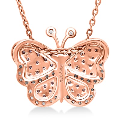  Natural Pink and White Diamond 0.35 ctw Butterfly Pendant Necklace in Vermeil Rose Gold Over Sterling Silver 20 Inches
