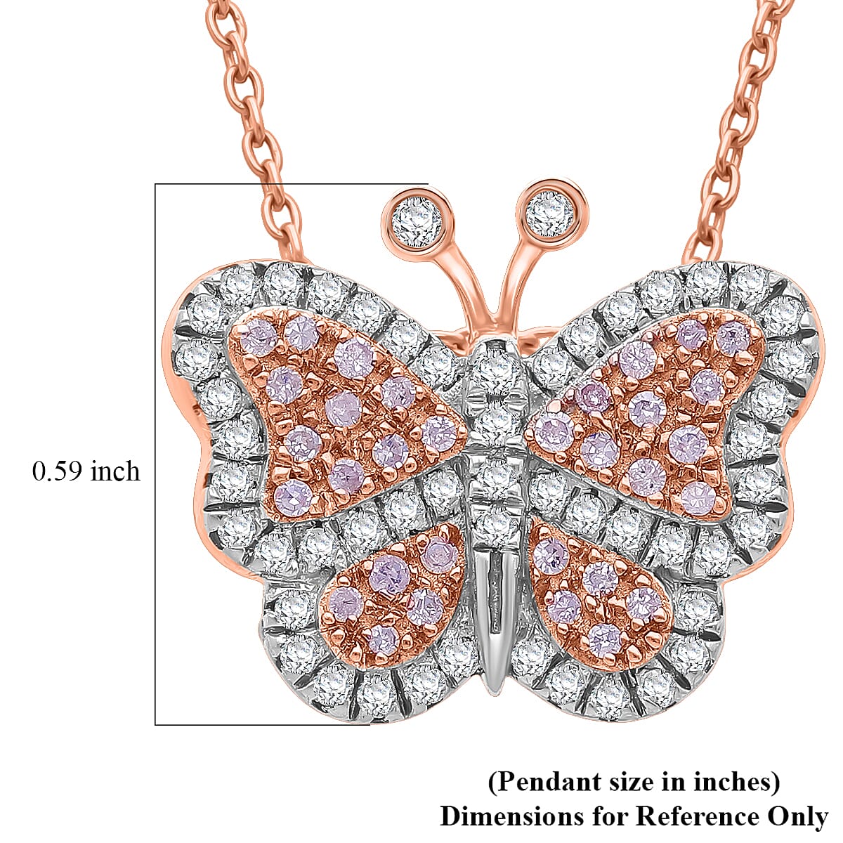 Natural Pink and White Diamond 0.35 ctw Butterfly Pendant Necklace in Vermeil Rose Gold Over Sterling Silver 20 Inches