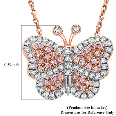  Natural Pink and White Diamond 0.35 ctw Butterfly Pendant Necklace in Vermeil Rose Gold Over Sterling Silver 20 Inches