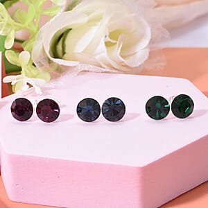 Set of 3 Purple, Blue and Green Crystal Earrings in Sterling Silver