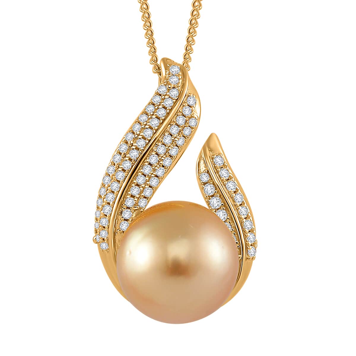 South Sea Golden Cultured Pearl and White Zircon 0.55 ctw Pendant Necklace in 18K Vermeil Yellow Gold Over Sterling Silver 20 Inches image number 0