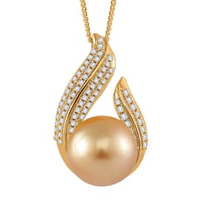 South Sea Golden Cultured Pearl and White Zircon 0.55 ctw Pendant Necklace in 18K Vermeil Yellow Gold Over Sterling Silver 20 Inches