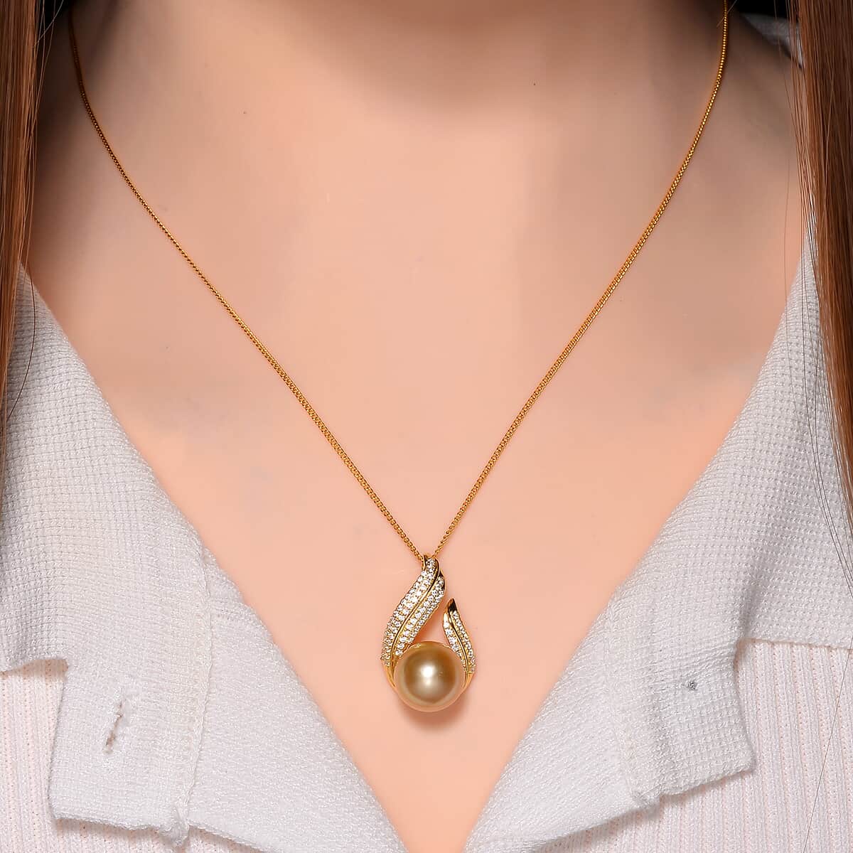 South Sea Golden Cultured Pearl and White Zircon 0.55 ctw Pendant Necklace in 18K Vermeil Yellow Gold Over Sterling Silver 20 Inches image number 1