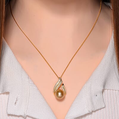 South Sea Golden Cultured Pearl and White Zircon 0.55 ctw Pendant Necklace in 18K Vermeil Yellow Gold Over Sterling Silver 20 Inches