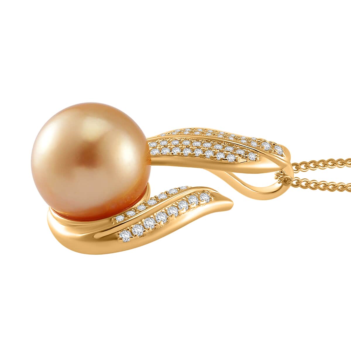 South Sea Golden Cultured Pearl and White Zircon 0.55 ctw Pendant Necklace in 18K Vermeil Yellow Gold Over Sterling Silver 20 Inches image number 2