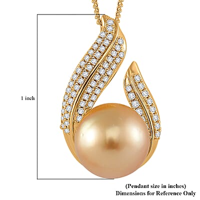 South Sea Golden Cultured Pearl and White Zircon 0.55 ctw Pendant Necklace in 18K Vermeil Yellow Gold Over Sterling Silver 20 Inches