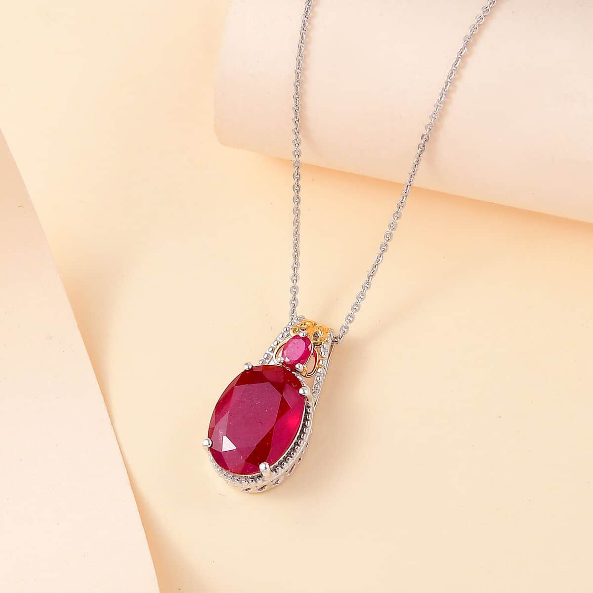 Niassa Ruby (FF) 9.40 ctw Pendant Necklace in 18K Vermeil YG and Rhodium Over Sterling Silver 20 Inches image number 1