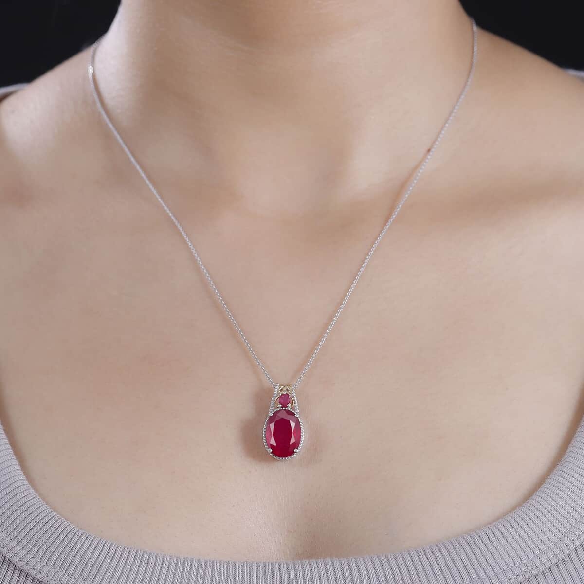 Niassa Ruby (FF) 9.40 ctw Pendant Necklace in 18K Vermeil YG and Rhodium Over Sterling Silver 20 Inches image number 2