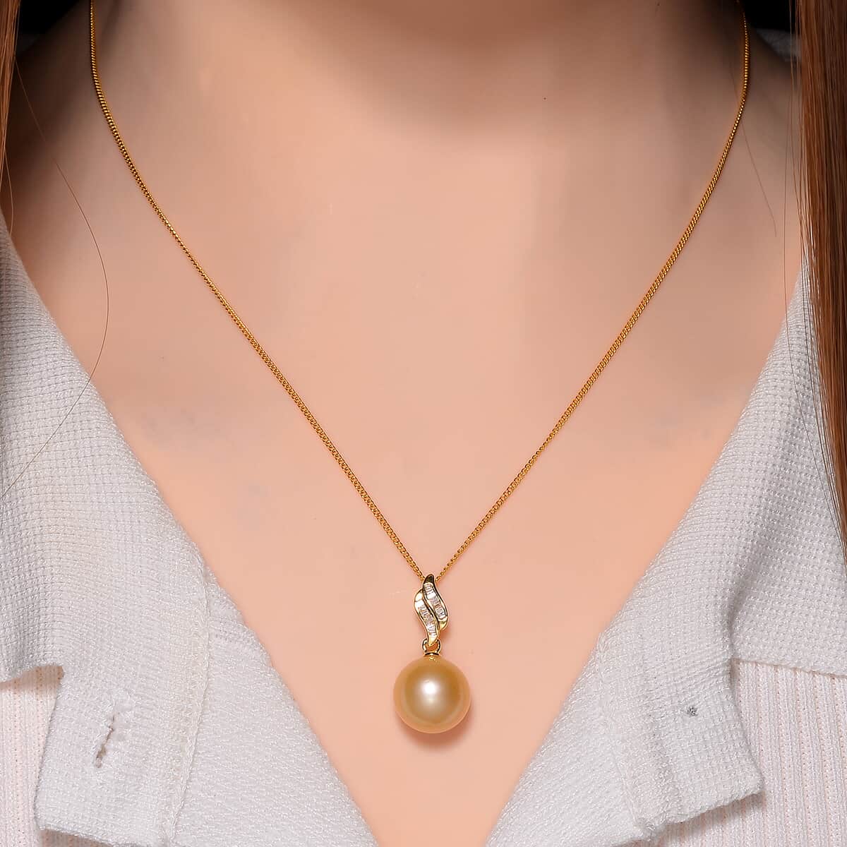 South Sea Golden Cultured Pearl and White Diamond 0.08 ctw Pendant Necklace in 18K YG Vermeil Over Sterling Silver 20 Inches image number 1