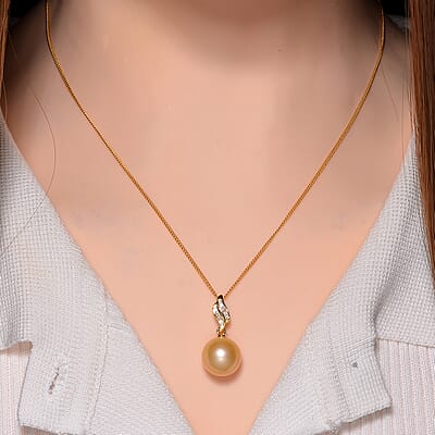 South Sea Golden Cultured Pearl and White Diamond 0.08 ctw Pendant Necklace in 18K YG Vermeil Over Sterling Silver 20 Inches