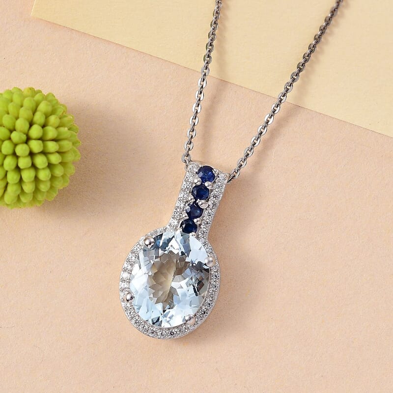 Premium Mangoro Aquamarine and Multi Gemstone 3.70 ctw Ocean Whisper Pendant Necklace in Rhodium Over Sterling Silver 20 Inches