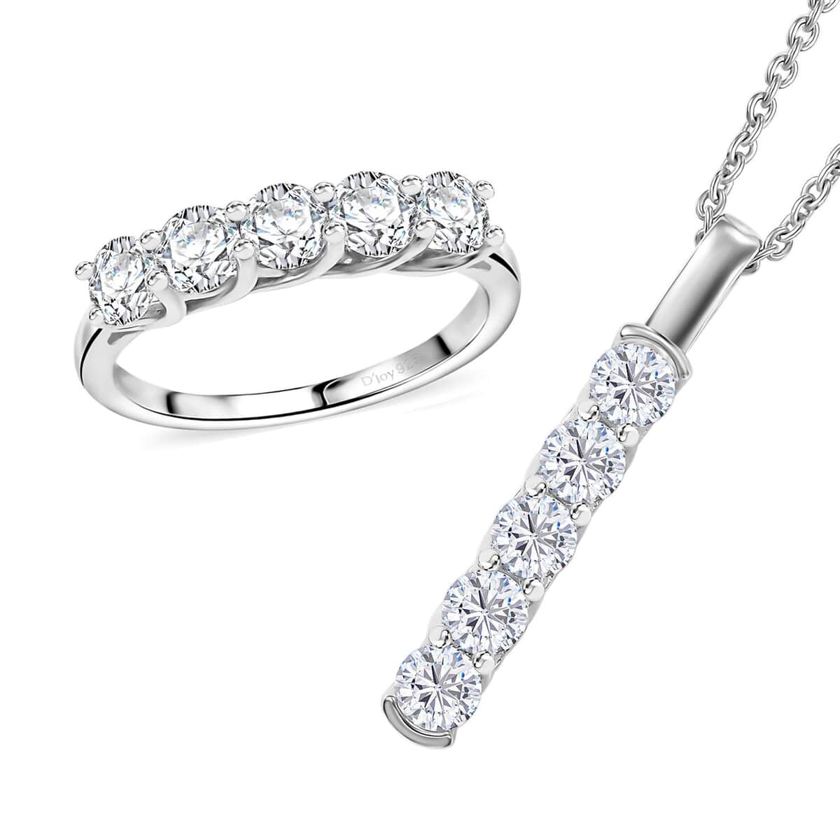 Moissanite 2.25 ctw 5 Stone Ring (Size 5.0) and Pendant in Rhodium Over Sterling Silver with Stainless Steel Necklace 20 Inches image number 0