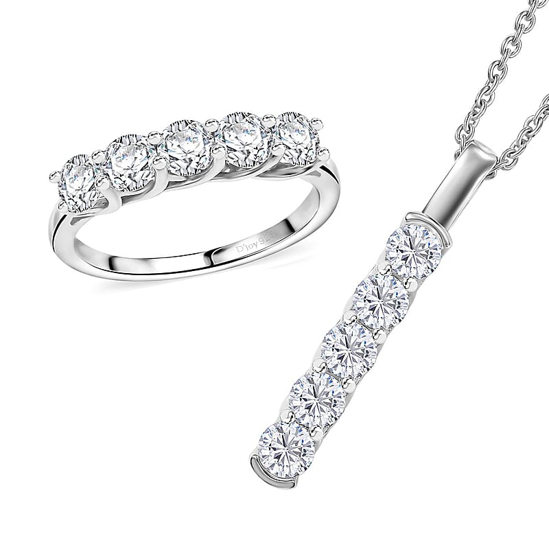 Moissanite 2.25 ctw 5 Stone Ring (Size 6.0) and Pendant in Rhodium Over Sterling Silver with Stainless Steel Necklace 20 Inches