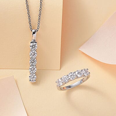 Moissanite 2.25 ctw 5 Stone Ring (Size 6.0) and Pendant in Rhodium Over Sterling Silver with Stainless Steel Necklace 20 Inches