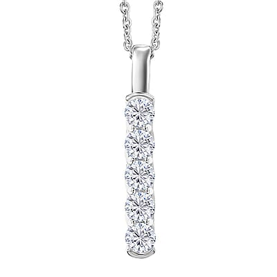 Moissanite 2.25 ctw 5 Stone Ring (Size 6.0) and Pendant in Rhodium Over Sterling Silver with Stainless Steel Necklace 20 Inches