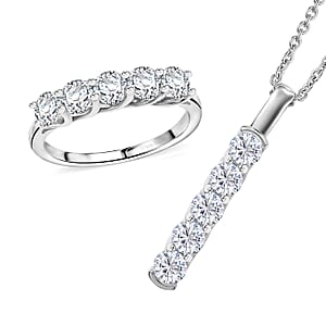Moissanite 2.25 ctw 5 Stone Ring (Size 10.0) and Pendant in Rhodium Over Sterling Silver with Stainless Steel Necklace 20 Inches