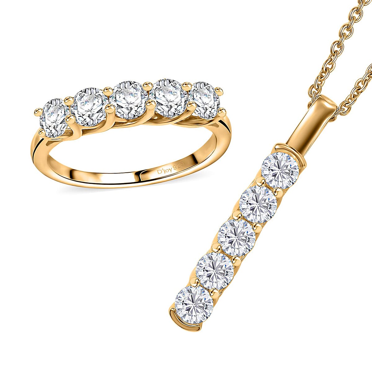 Moissanite 2.25 ctw 5 Stone Ring (Size 7.0) and Pendant in 18K Vermeil YG Over Sterling Silver with ION Plated YG Stainless Steel Necklace 20 Inches image number 0