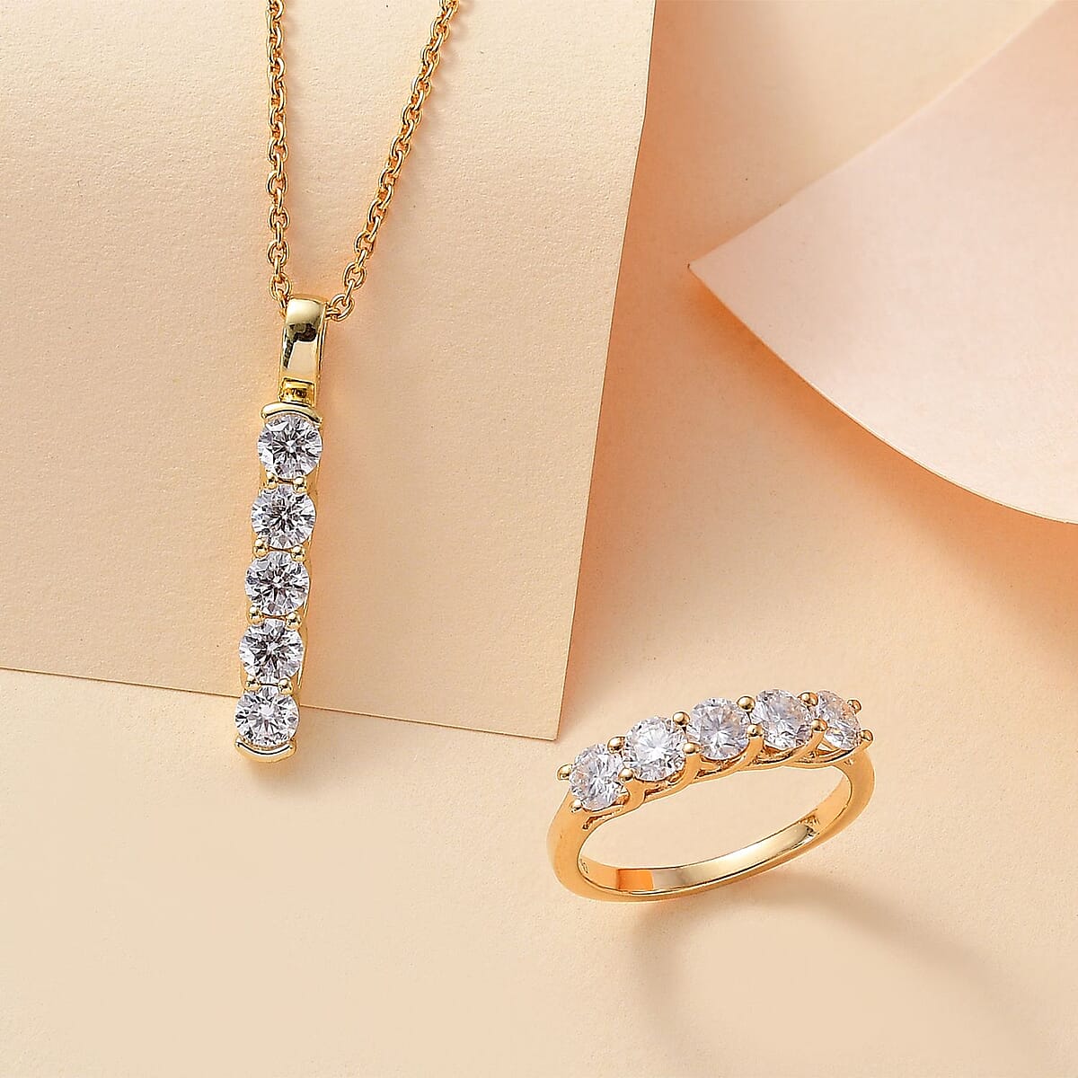 Moissanite 2.25 ctw 5 Stone Ring (Size 7.0) and Pendant in 18K Vermeil YG Over Sterling Silver with ION Plated YG Stainless Steel Necklace 20 Inches image number 1