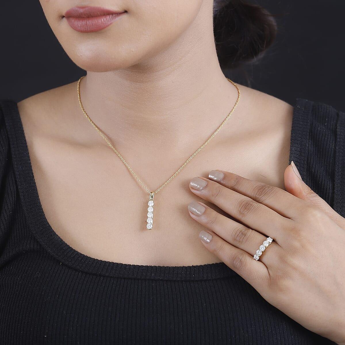 Moissanite 2.25 ctw 5 Stone Ring (Size 7.0) and Pendant in 18K Vermeil YG Over Sterling Silver with ION Plated YG Stainless Steel Necklace 20 Inches image number 2