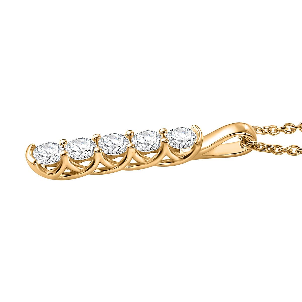 Moissanite 2.25 ctw 5 Stone Ring (Size 7.0) and Pendant in 18K Vermeil YG Over Sterling Silver with ION Plated YG Stainless Steel Necklace 20 Inches image number 7