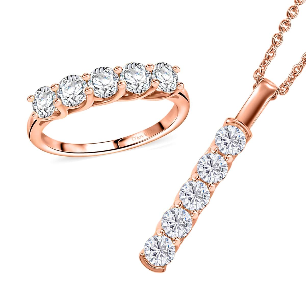 Moissanite 2.25 ctw 5 Stone Ring Size 6 and Pendant in 18K Vermeil Rose Gold Over Sterling Silver with ION Plated RG Stainless Steel Necklace 20 Inches image number 0