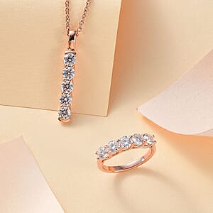 Moissanite 2.25 ctw 5 Stone Ring Size 7 and Pendant in 18K Vermeil Rose Gold Over Sterling Silver with ION Plated RG Stainless Steel Necklace 20 Inches