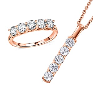 Moissanite 2.25 ctw 5 Stone Ring Size 9 and Pendant in 18K Vermeil Rose Gold Over Sterling Silver with ION Plated RG Stainless Steel Necklace 20 Inches