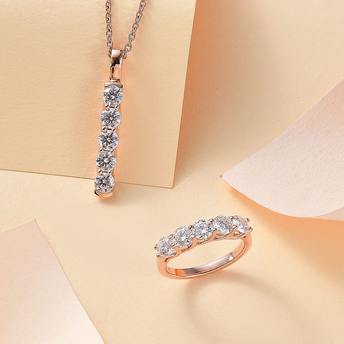 Moissanite 2.25 ctw 5 Stone Ring Size 9 and Pendant in 18K Vermeil Rose Gold Over Sterling Silver with ION Plated RG Stainless Steel Necklace 20 Inches image number 1