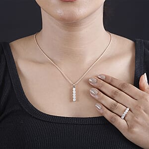 Moissanite 2.25 ctw 5 Stone Ring Size 9 and Pendant in 18K Vermeil Rose Gold Over Sterling Silver with ION Plated RG Stainless Steel Necklace 20 Inches