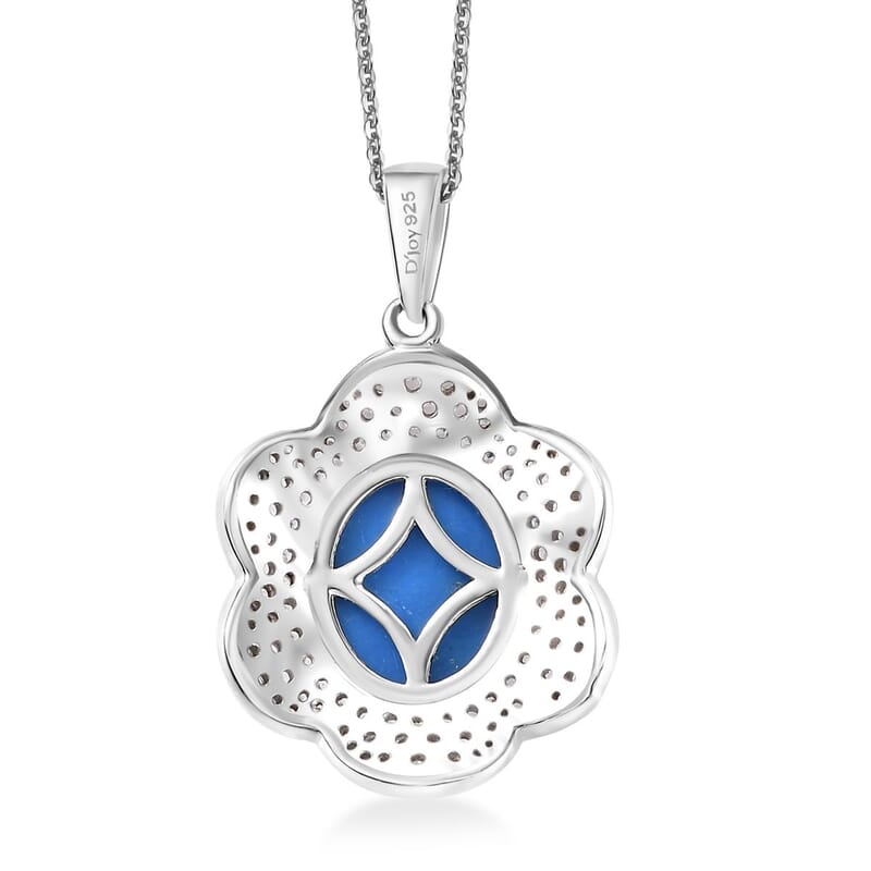 Ceruleite and White Zircon 5.35 ctw Flower Pendant Necklace in Rhodium Over Sterling Silver 20 Inches