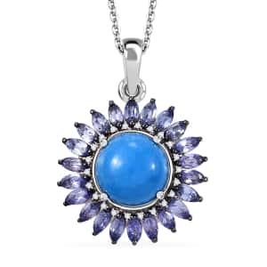 Ceruleite and Multi Gemstone 5.90 ctw Sunflower Pendant Necklace in Rhodium Over Sterling Silver 20 Inches