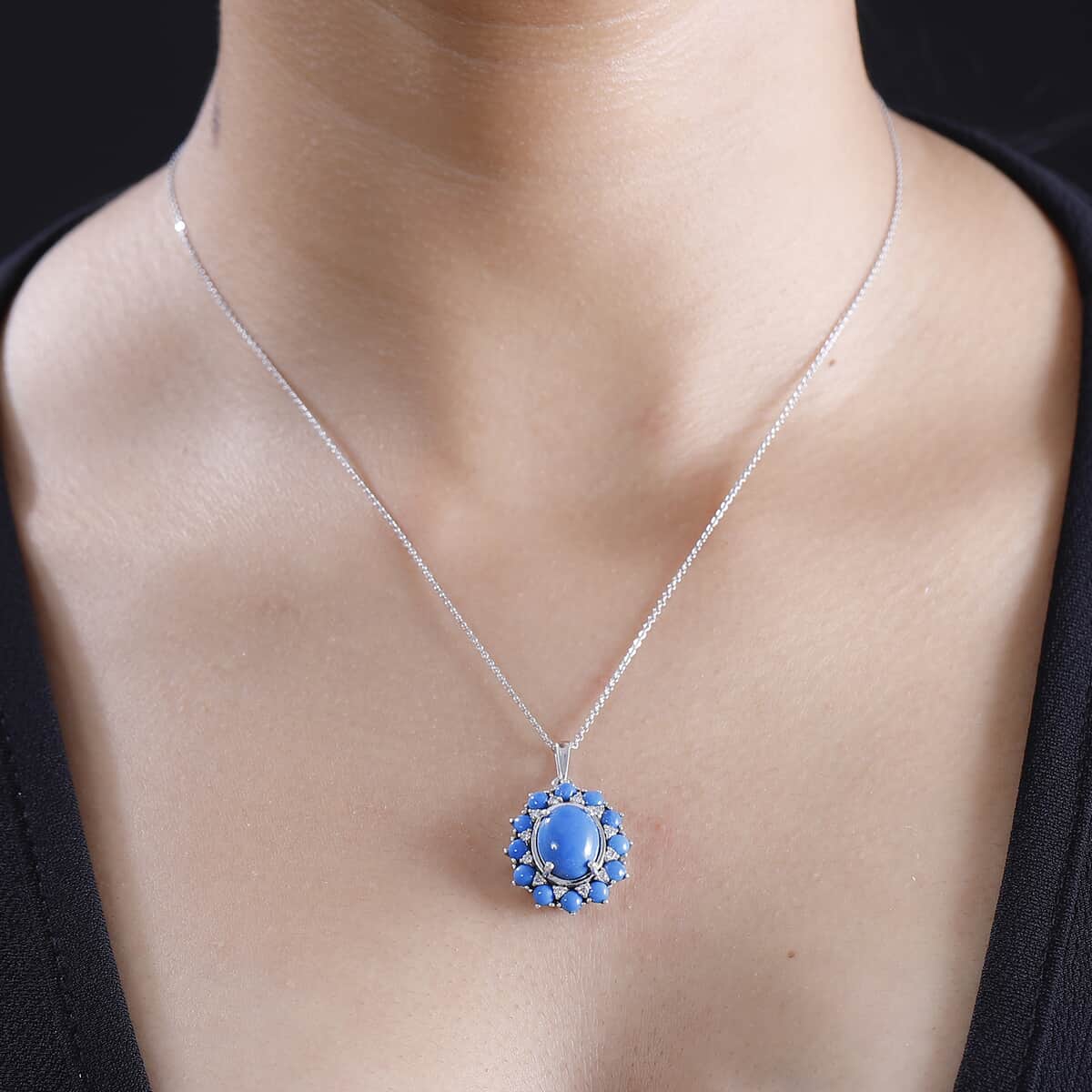 Ceruleite and Moissanite 4.75 ctw Dahlia Flower Pendant Necklace in Rhodium Over Sterling Silver 20 Inches image number 2