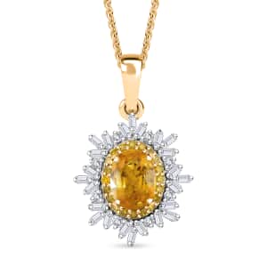 Madagascar Yellow Sapphire, White and Yellow Diamond 1.40 ctw Sunburst Pendant Necklace in 18K Vermeil Yellow Gold Over Sterling Silver 20 Inches (Del. in 10-12 Days)