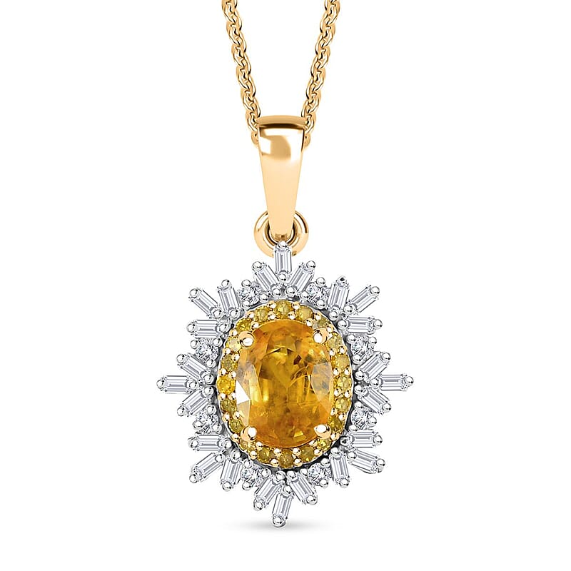 Madagascar Yellow Sapphire, White and Yellow Diamond 1.40 ctw Sunburst Pendant Necklace in 18K Vermeil Yellow Gold Over Sterling Silver 20 Inches