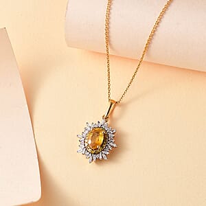 Madagascar Yellow Sapphire, White and Yellow Diamond 1.40 ctw Sunburst Pendant Necklace in 18K Vermeil Yellow Gold Over Sterling Silver 20 Inches