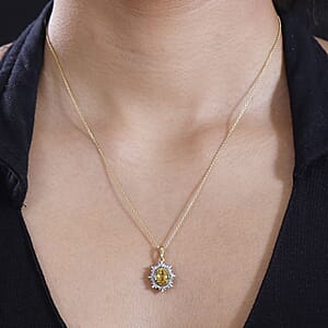 Madagascar Yellow Sapphire, White and Yellow Diamond 1.40 ctw Sunburst Pendant Necklace in 18K Vermeil Yellow Gold Over Sterling Silver 20 Inches