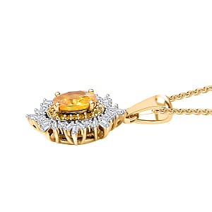 Madagascar Yellow Sapphire, White and Yellow Diamond 1.40 ctw Sunburst Pendant Necklace in 18K Vermeil Yellow Gold Over Sterling Silver 20 Inches