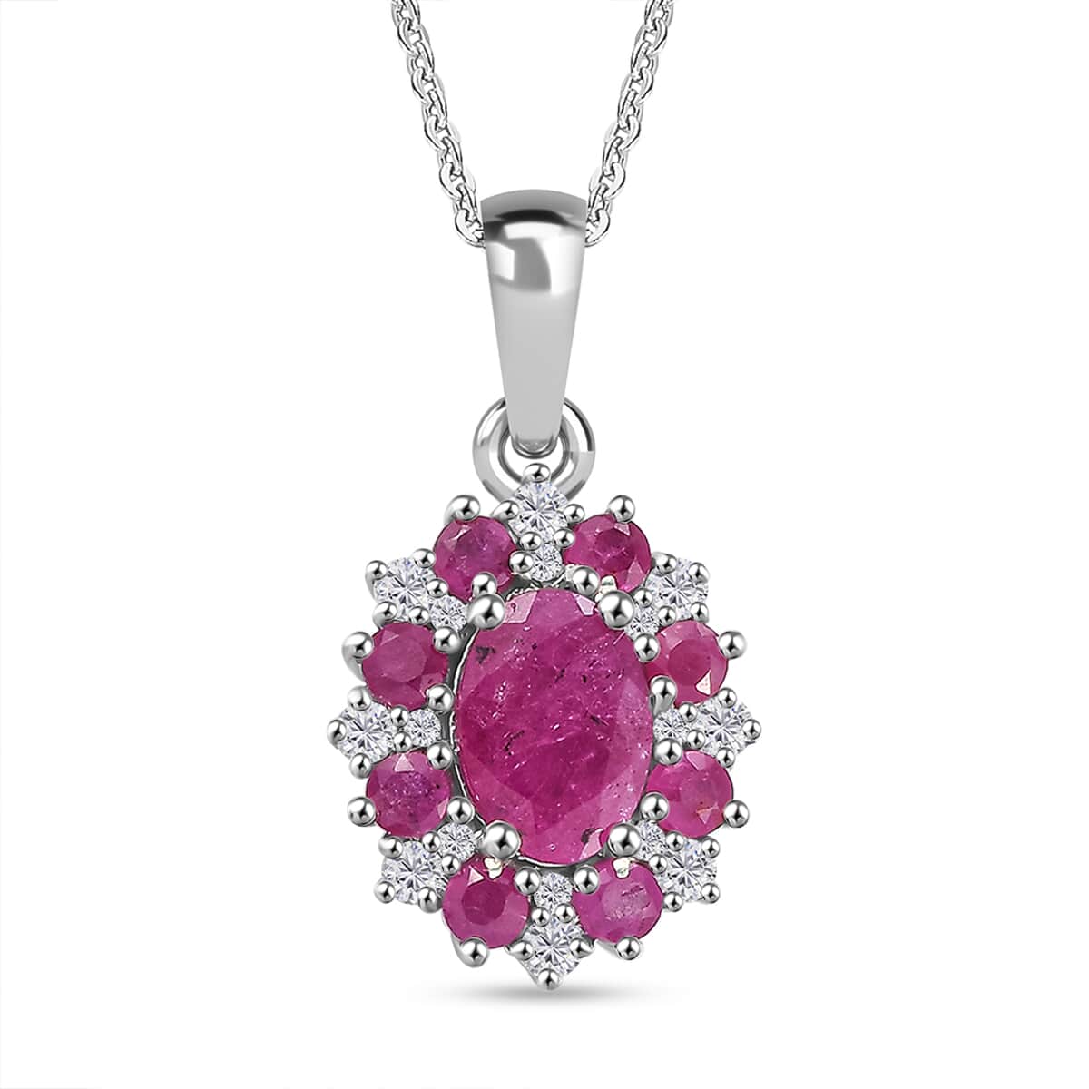 Premium Montepuez Ruby and Moissanite 1.65 ctw Art & Deco Pendant Necklace in Rhodium Over Sterling Silver 20 Inches image number 0