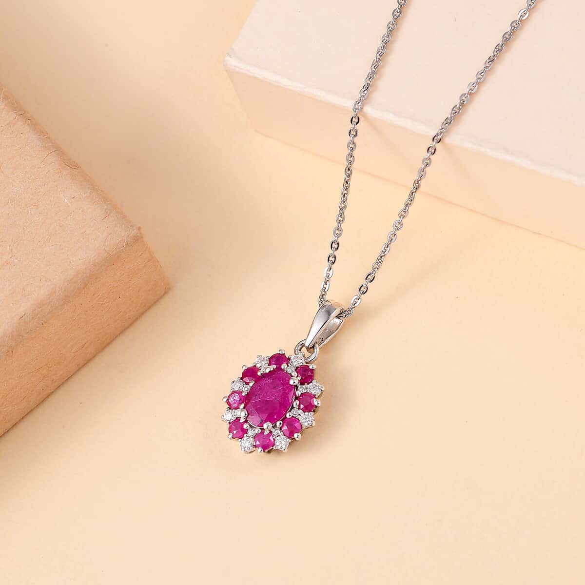 Premium Montepuez Ruby and Moissanite 1.65 ctw Art & Deco Pendant Necklace in Rhodium Over Sterling Silver 20 Inches image number 1