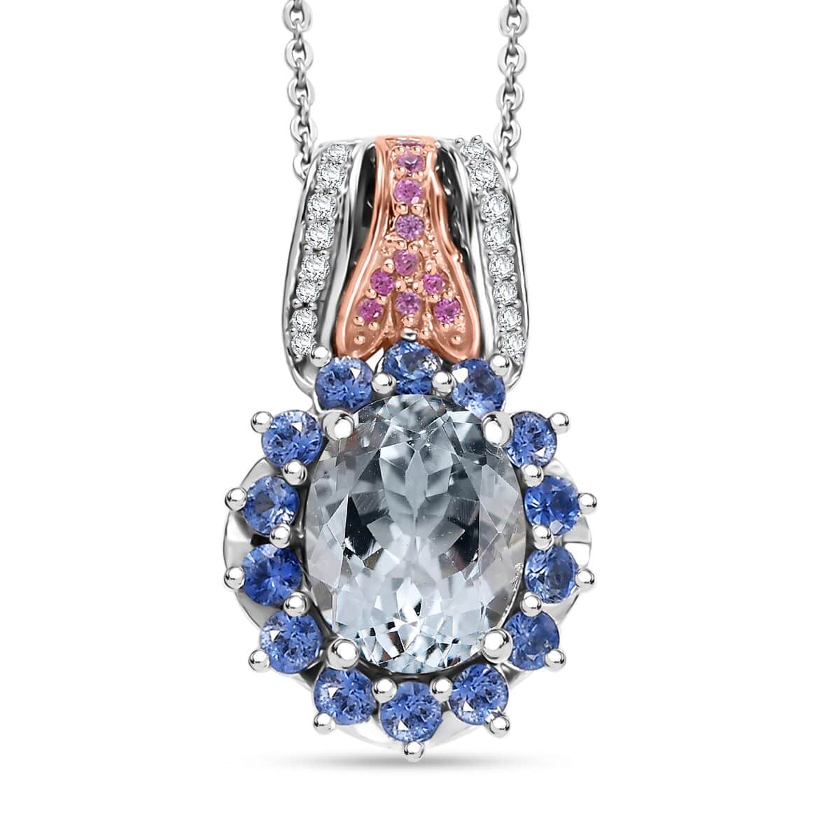 Premium Mangoro Aquamarine and Multi Gemstone 3.75 ctw Floral Harmony Pendant Necklace in Vermeil RG and Rhodium Over Sterling Silver 20 Inches image number 0