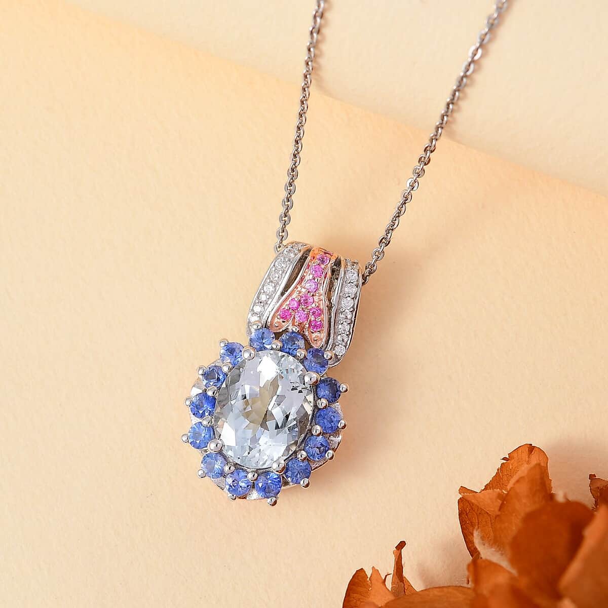 Premium Mangoro Aquamarine and Multi Gemstone 3.75 ctw Floral Harmony Pendant Necklace in Vermeil RG and Rhodium Over Sterling Silver 20 Inches image number 1