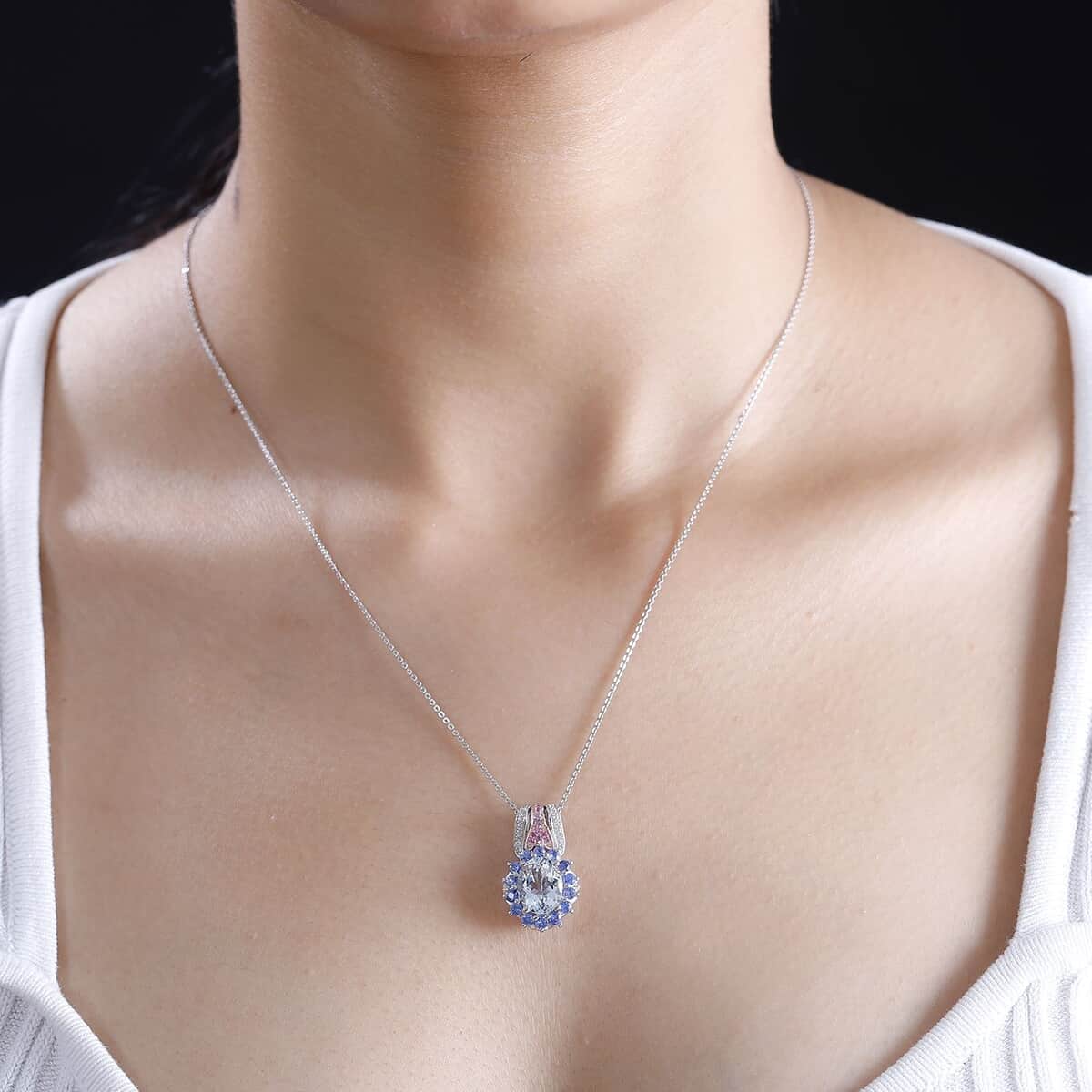 Premium Mangoro Aquamarine and Multi Gemstone 3.75 ctw Floral Harmony Pendant Necklace in Vermeil RG and Rhodium Over Sterling Silver 20 Inches image number 2