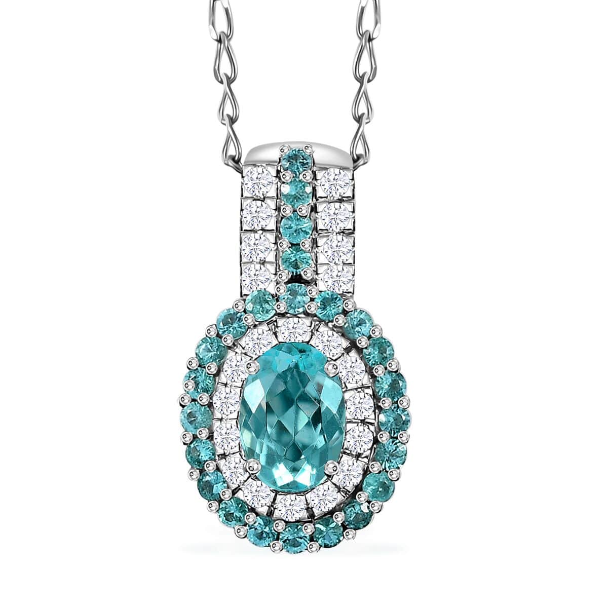 Rhapsody AAAA Paraiba Tourmaline and E-F VS Diamond 1.07 ctw Double Halo Pendant Necklace in 950 Platinum 4.01 Grams 18 Inches image number 0