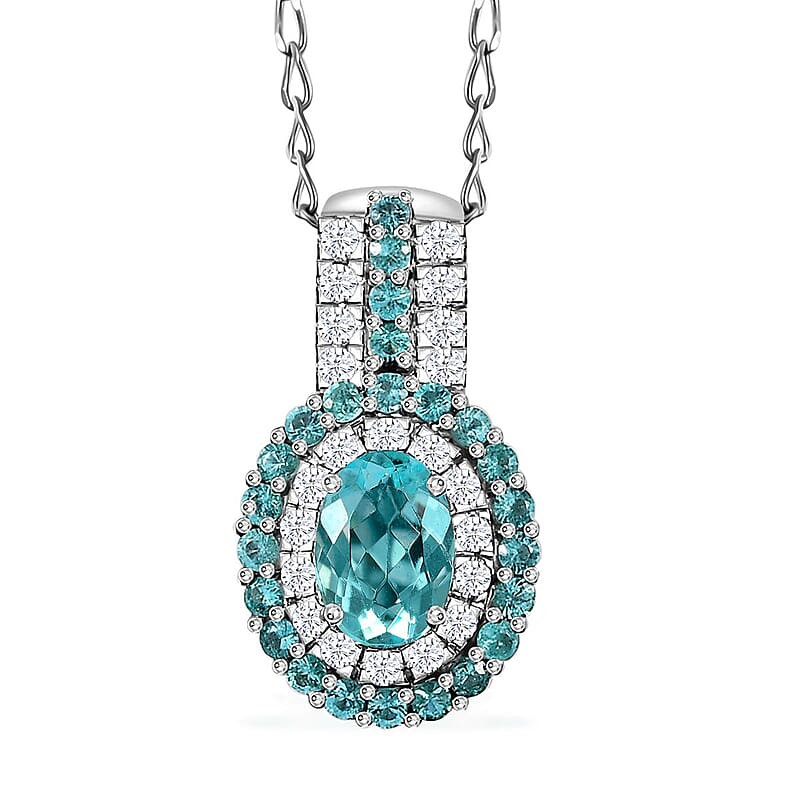 Rhapsody AAAA Paraiba Tourmaline and E-F VS Diamond 1.07 ctw Double Halo Pendant Necklace in 950 Platinum 4.01 Grams 18 Inches