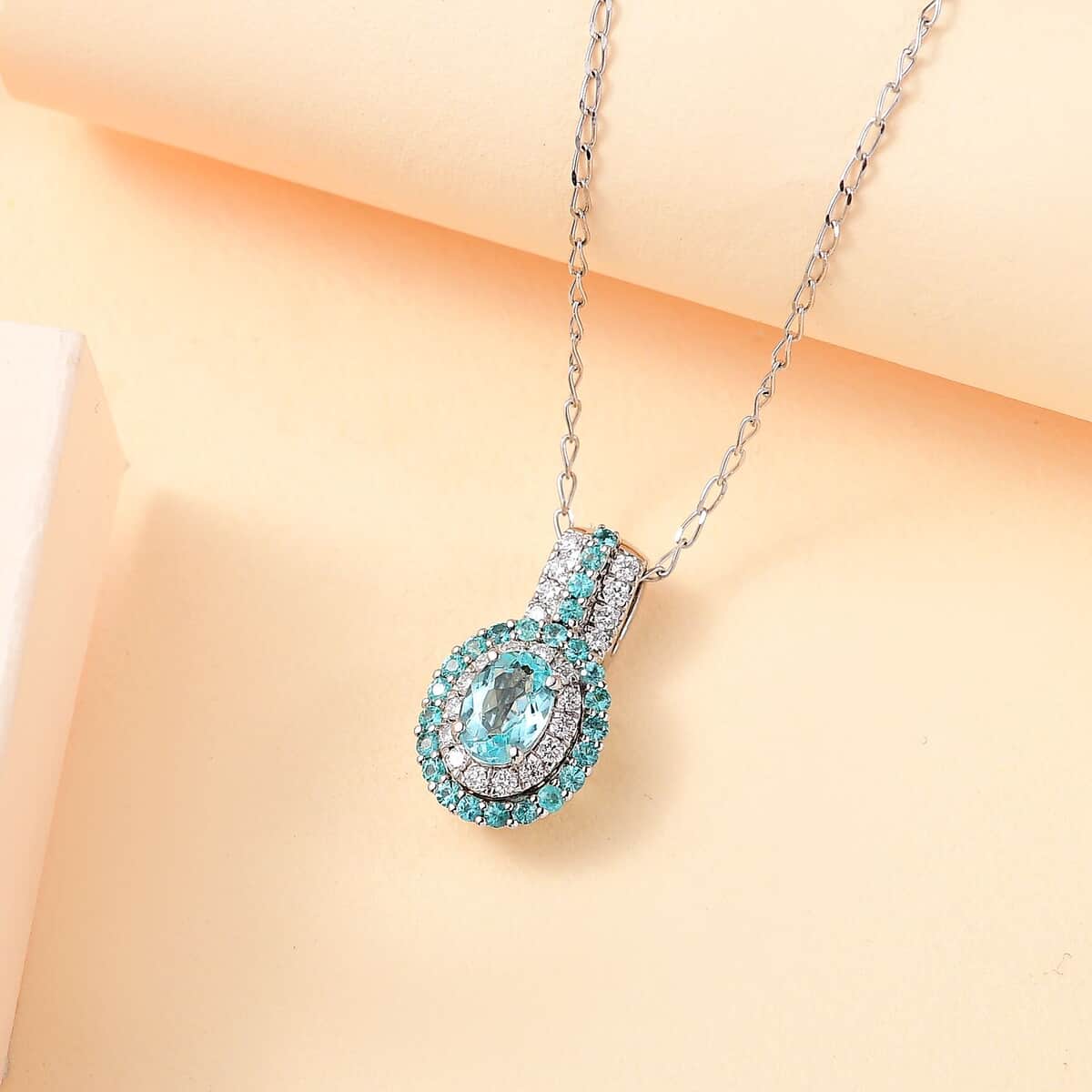 Rhapsody AAAA Paraiba Tourmaline and E-F VS Diamond 1.07 ctw Double Halo Pendant Necklace in 950 Platinum 4.01 Grams 18 Inches image number 1