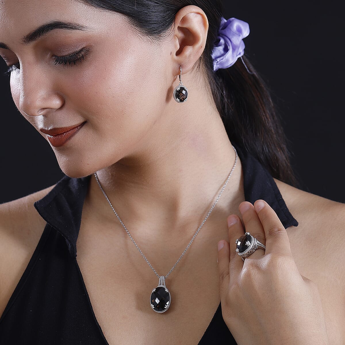 Karis Checkerboard Cut Brazilian Smoky Quartz 41.70 ctw Earrings, Ring (Size 10.0), Pendant in Platinum Bond with Stainless Steel Necklace 20 Inches image number 2